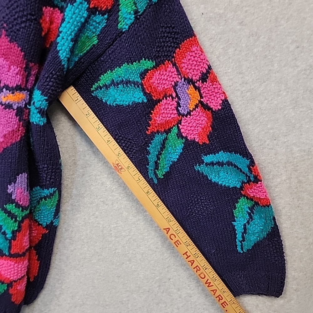 Vintage Izod Sweater Women M Floral Cardigan Hand Knit Cotton Blend Vibrant Rare - Picture 13 of 16